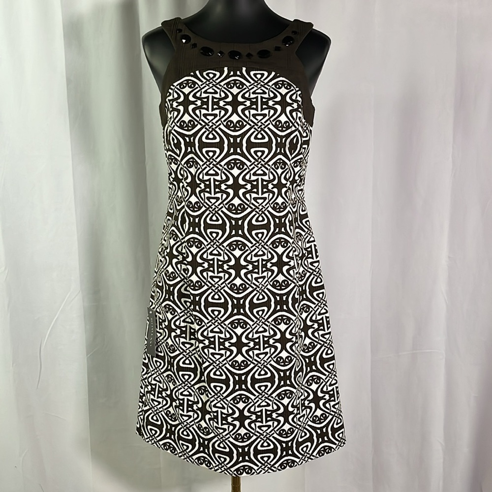 NWT Ann Taylor Brown & White Printed Beaded Neck Sleeveless Sheath Dress